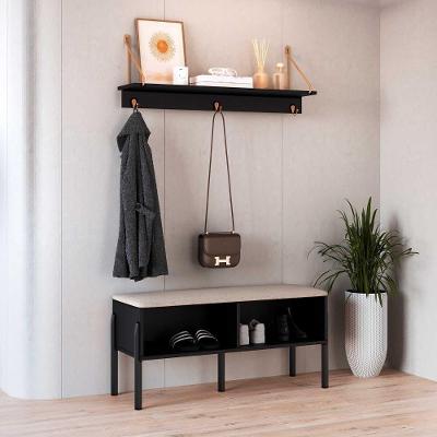 Sapateira Banco Estofado 93CM 1 Prateleira 2 Nichos MDF MDP Nero