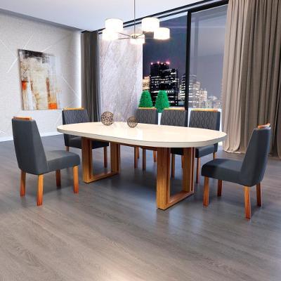Sala de Jantar Karen 6 Lugares Tampo em MDF com Vidro Off-white Cadeiras Cinza 196CM Bom Pastor