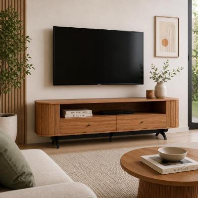 Rack para TV Rack Painel Ripado para Tv Gavetas e Porta Sala de Estar MDF Freijó com Preto Fosco