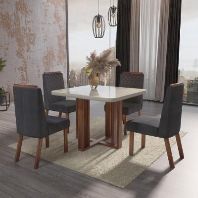 Sala de Jantar Paola 4 Lugares Tampo MDF e Vidro Cadeiras Cinza 90CM Bom Pastor Móveis