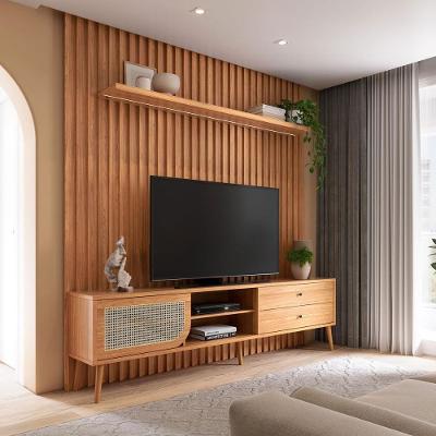 Rack para TV Painel Ripado com Rack Retrô e Fita Led 2,5 m MDF Freijó Dalla Costa Móveis