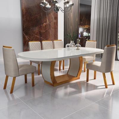 Sala de Jantar Bom Pastor 6 Lugares Tampo MDF com Vidro Off-white Cadeiras Bege 196CM Bom Pastor