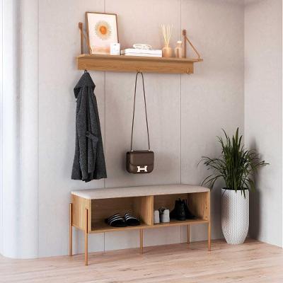 Sapateira com Banco Estofado e Prateleira de Parede sem Portas 1 Nicho 93CM Hanover com Dourado