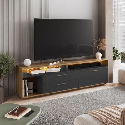 Rack para TV Rack Sala com Led 75 Polegadas 200CM MDP Nichos Porta Basculante Mel com Grafite