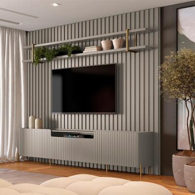 Rack com Painel Ripado e Prateleira Brise para TV 280CM MDF Grigio com Dourado Casa Lar Shop