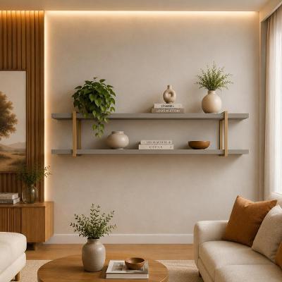 Prateleira Suspensa Multiuso Smart Retangular MDF Fixação Parafuso Sala Grigio com Dourado Casa Lar