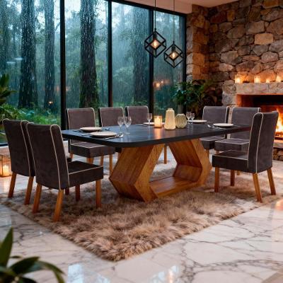 Sala de Jantar Lottus 8 Lugares Tampo em MDF com Vidro Cadeiras Cinza 220CM Bom Pastor Móveis