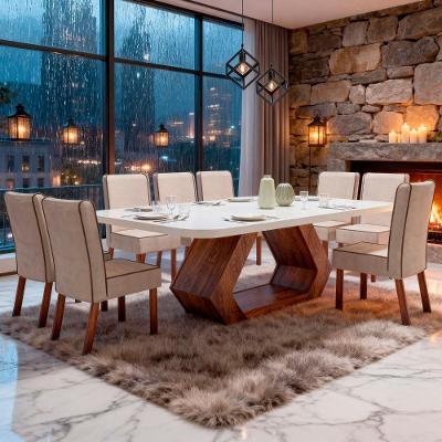 Sala de Jantar Lottus 8 Cadeiras Tampo em MDF Base Amêndoa Off-white 220CM Bom Pastor Móveis