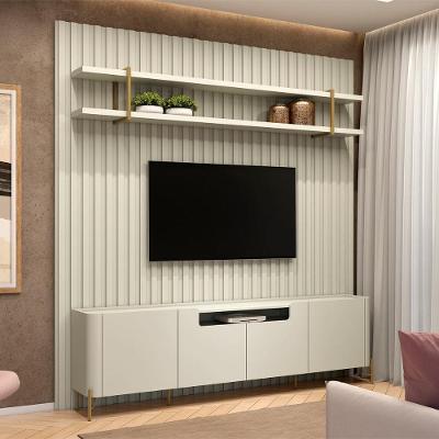 Rack com Painel e Prateleira Suspensa Ripado 280CM MDF Luna com Dourado Casa Lar Shop