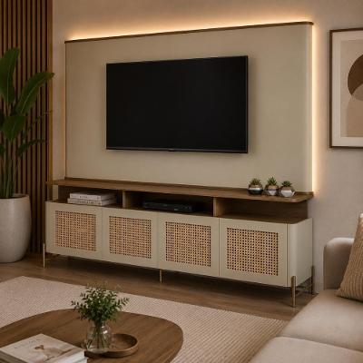 Rack com Painel para TV Bend 220CM MDF Porta Sextavada Louro e Luna com Dourado Casa Lar Shop