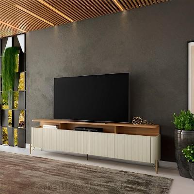 Rack para Sala Bend 220CM MDF Portas Brise Pés em Metal Louro e Luna com Dourado Casa Lar Shop