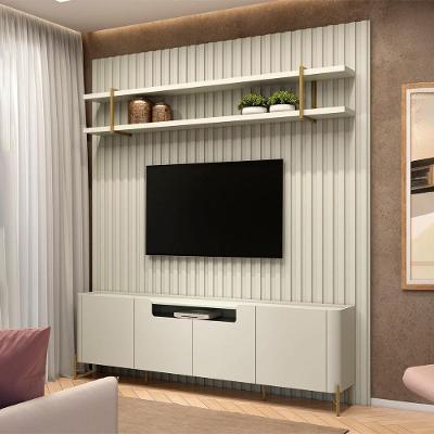 Rack com Painel Ripado e Prateleira Suspensa 240CM 100% MDF Luna com Dourado