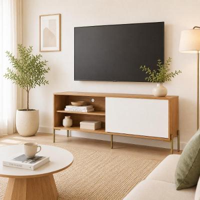Rack para Sala 144CM MDF Pés Metal Freijó com Off White Dalla Costa Móveis