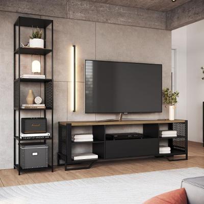 Rack e Estante para Sala Kit Sala com Gaveta em Aço MDP Industrial Preto com Mel Placa & Ponto