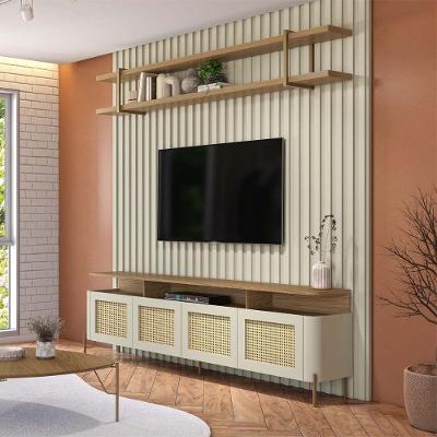 Rack com Prateleira e Painel Ripado 200CM MDF Louro e Luna com Dourado