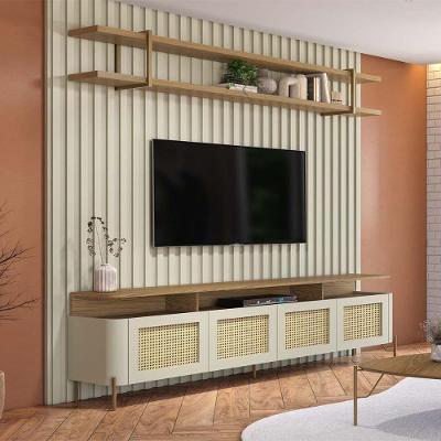 Rack com Painel Ripado e Prateleira para Sala Bend Smart 240CM MDF Louro e Luna com Dourado Casa Lar