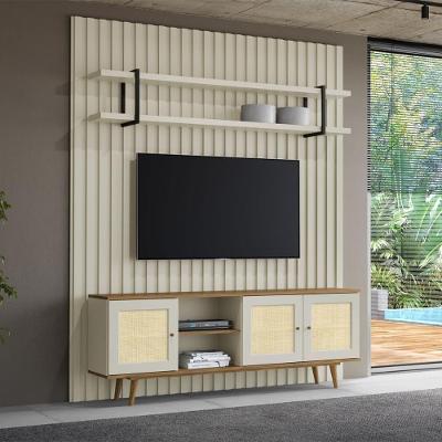 Rack com Painel Ripado e Prateleira para Sala Bend Smart 200CM MDF Louro e Luna com Preto Casa Lar
