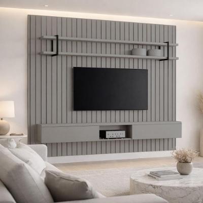 Painel para TV Ripado 280CM MDF com Nicho e Prateleira Grigio com Preto Casa Lar Shop
