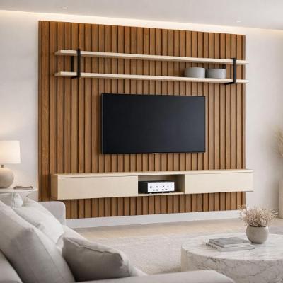 Painel para TV Ripado 280CM com Prateleira e Nicho 100% MDF Louro e Luna com Preto