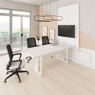 Mesa Reunião Industrial 200CM com Caixa Tomadas Painel Tv Branco F5 Office