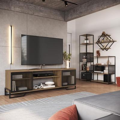 Rack com Estantes para Sala de Estar Conjunto Rack com 2 Portas Nicho Industrial Preto com Mel Placa