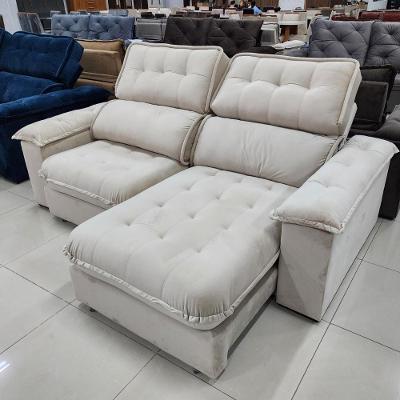 Sofá com Chaise Girona 3 Lugares Retrátil e Reclinável 210CM Bege Veludo Luxo