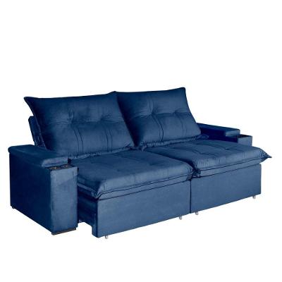 Sofá com Chaise Ravi 4 Lugares Retrátil e Reclinável 250CM Azul Veludo Bom Pastor Móveis
