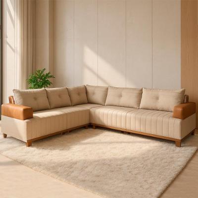Sofá de Canto Leona Luxo 5 Lugares Fixo 257CM Bege e Caramelo Linho