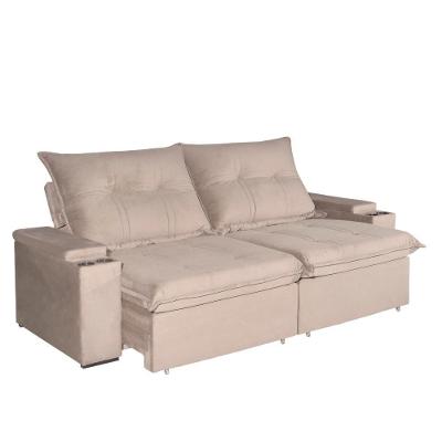Sofá com Chaise Ravi 4 Lugares Retrátil e Reclinável 250CM Bege Veludo Luxo
