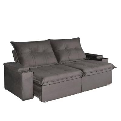 Sofá com Chaise Ravi 4 Lugares Retrátil e Reclinável 250CM Bege Escuro Veludo Bom Pastor Móveis