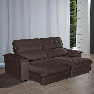 Sofá com Chaise Girona 4 Lugares Retrátil e Reclinável 250CM Marrom Veludo Bom Pastor Móveis