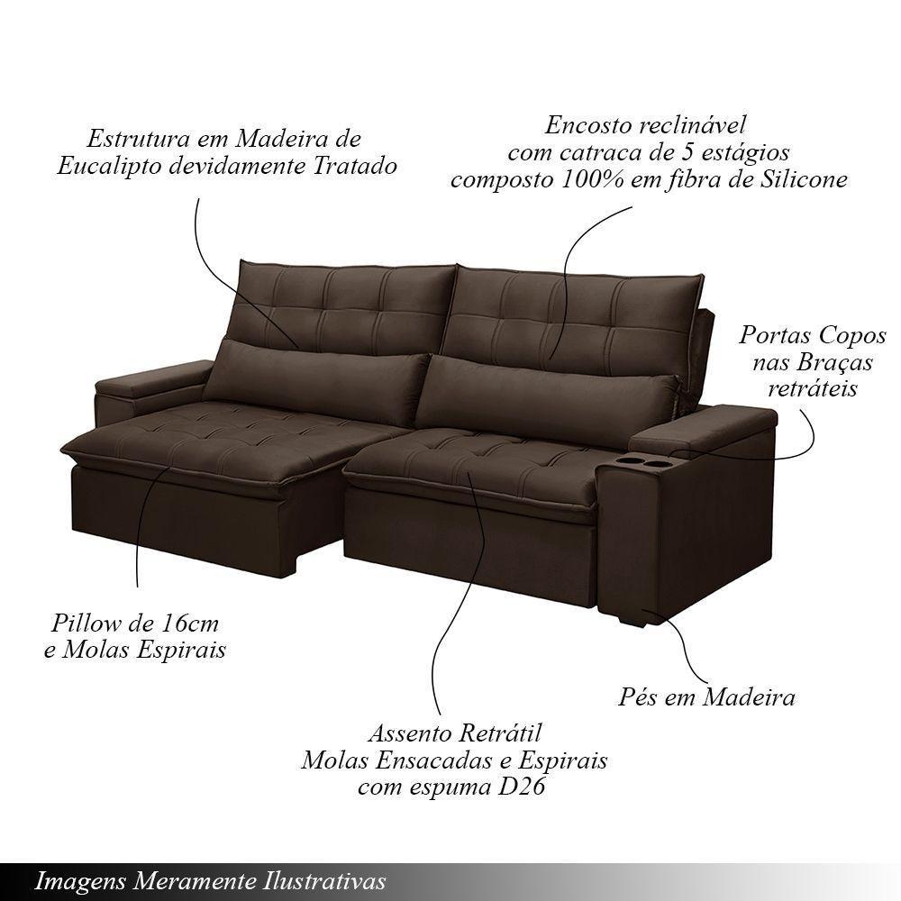 Sofá Retrátil E Reclinável 3 Lugares 210cm Robem Porta Copos No Braço Veludo Marrom G22 - Gran Belo - 4