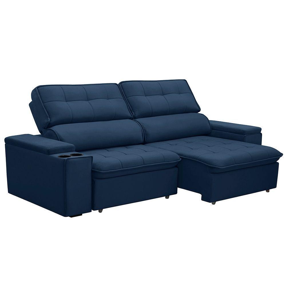 Sofá Retrátil E Reclinável 3 Lugares 210cm Zoho Porta Copos No Braço Veludo Azul G22 - Gran Belo - 1