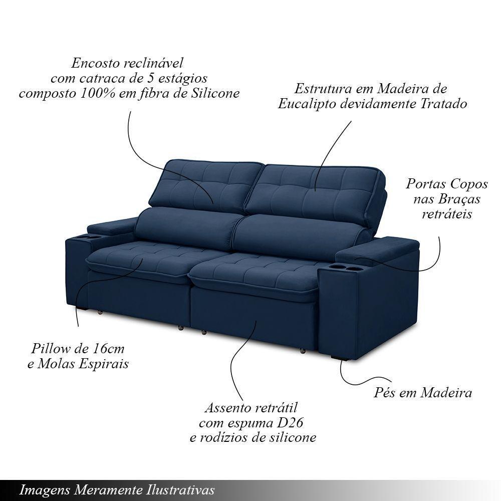 Sofá Retrátil E Reclinável 3 Lugares 210cm Zoho Porta Copos No Braço Veludo Azul G22 - Gran Belo - 5