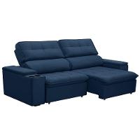 Sofá Retrátil E Reclinável 3 Lugares 210cm Zoho Porta Copos No Braço Veludo Azul G22 - Gran Belo - 1