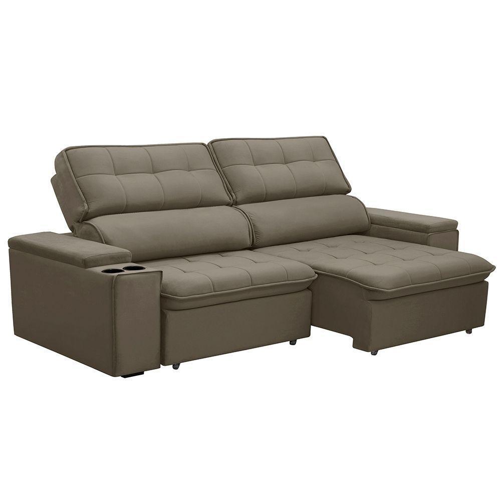 Sofá Retrátil E Reclinável 3 Lugares 210cm Zoho Porta Copos No Braço Veludo Castor G22 - Gran Belo - 1