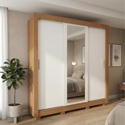 Guarda Roupa Casal 3 Portas MDP c/Espelho Amêndoa-Branco