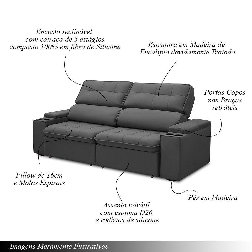 Sofá Retrátil E Reclinável 3 Lugares 210cm Zoho Porta Copos No Braço Veludo Grafite G22 - Gran Belo - 3