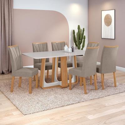 Conjunto Jantar 6 Lugares Tampo Vidro MDF Suede Bege 170x90