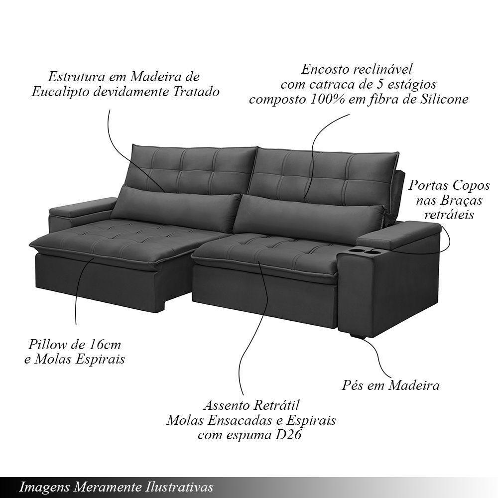 Sofá Retrátil E Reclinável 3 Lugares 210cm Robem Porta Copos No Braço Veludo Grafite G22 Gran Belo - 4