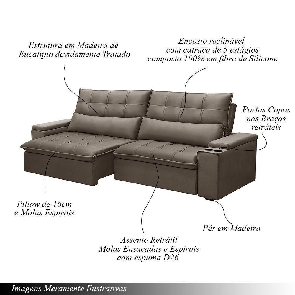 Sofá Retrátil E Reclinável 3 Lugares 210cm Robem Porta Copos No Braço Veludo Castor G22 - Gran Belo - 2
