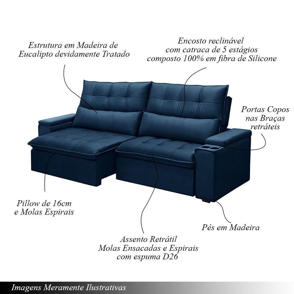 Sofá Retrátil E Reclinável 3 Lugares 210cm Robem Porta Copos No Braço Veludo Azul G22 - Gran Belo - 3