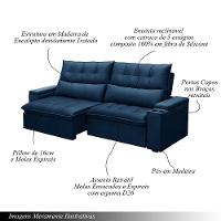 Sofá Retrátil E Reclinável 3 Lugares 210cm Robem Porta Copos No Braço Veludo Azul G22 - Gran Belo - 3