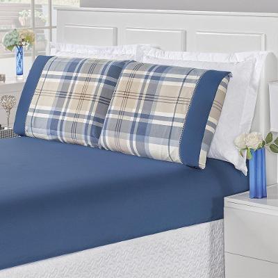 Jogo De Cama Casal 03 Peças Xadrez Azul