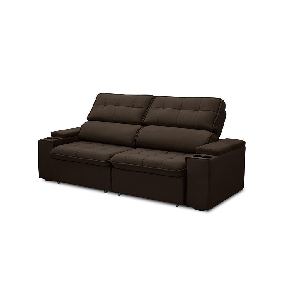 Sofá Retrátil E Reclinável 3 Lugares 230cm Zoho Porta Copos No Braço Veludo Marrom G22 - Gran Belo - 1