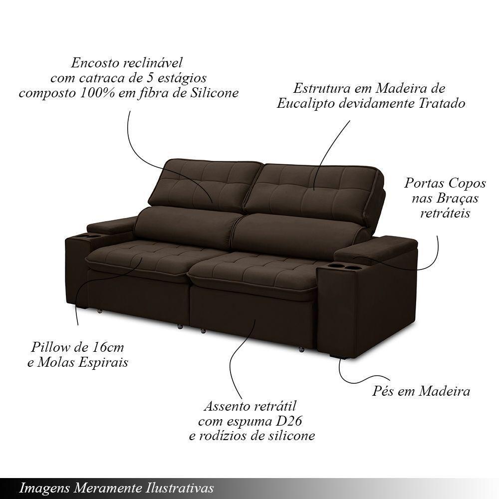 Sofá Retrátil E Reclinável 3 Lugares 230cm Zoho Porta Copos No Braço Veludo Marrom G22 - Gran Belo - 4
