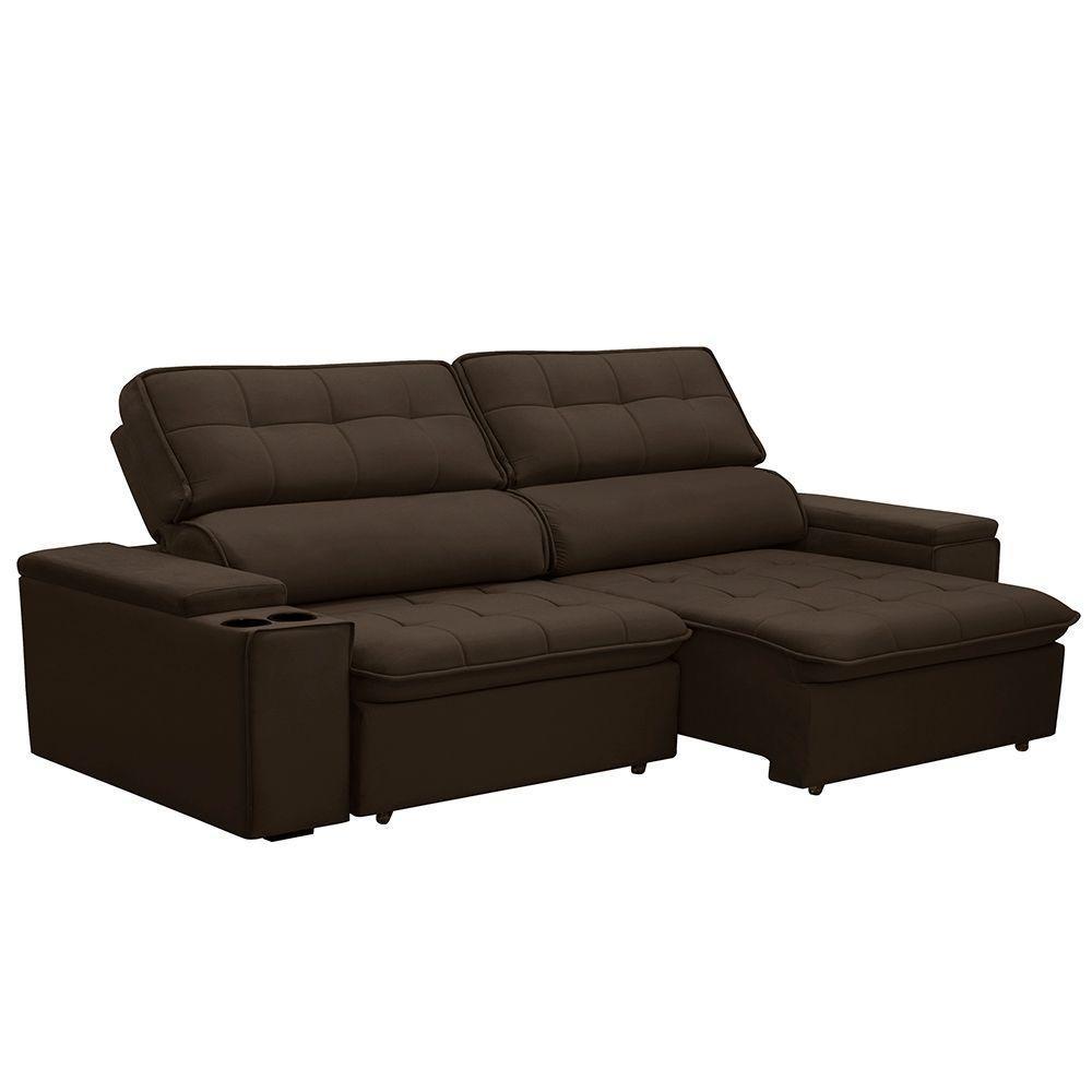 Sofá Retrátil E Reclinável 3 Lugares 230cm Zoho Porta Copos No Braço Veludo Marrom G22 - Gran Belo - 5