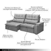 Sofá Retrátil E Reclinável 3 Lugares 230cm Robem Porta Copos No Braço Veludo Cinza G22 - Gran Belo