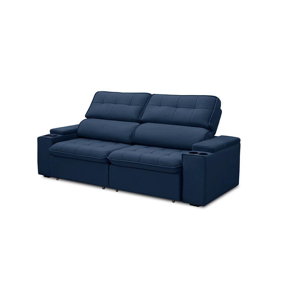 Sofá Retrátil E Reclinável 3 Lugares 230cm Zoho Porta Copos No Braço Veludo Azul G22 - Gran Belo - 1