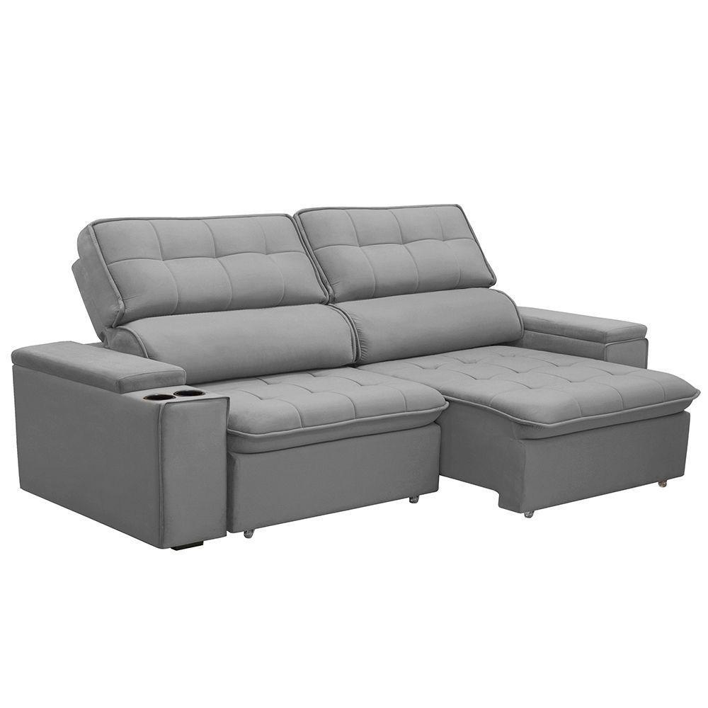Sofá Retrátil E Reclinável 3 Lugares 230cm Zoho Porta Copos No Braço Veludo Cinza G22 - Gran Belo - 1